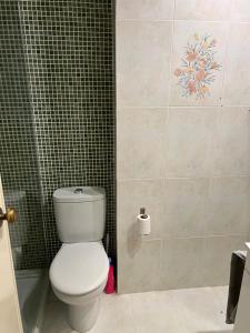 a bathroom with a toilet and a tiled wall at ARIAN, precioso estudio en Castellón, a un paso de todo! in Castellón de la Plana