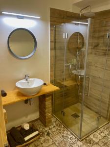 łazienka z umywalką i prysznicem w obiekcie Apartmány pod Kozákem w mieście Velké Popovice