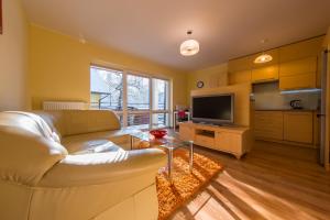 salon z białą kanapą i telewizorem w obiekcie Komfortowy Apartament w centrum Ustronia w Ustroniu