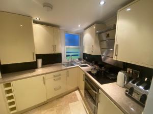 een keuken met witte kasten, een wastafel en een raam bij Lovely Entire 1 Bedroom Flat with Patio in Chiswick in Londen