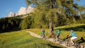 three people riding bikes on a trail in the mountains at App Dolomiten Villa Colli in Valdaora