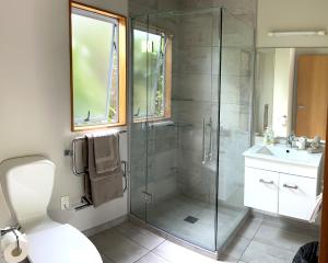 a bathroom with a glass shower and a sink at Jade Court Motel in Hokitika