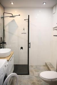 a bathroom with a shower and a toilet and a sink at P&K Motlawa Apartment in Gdańsk