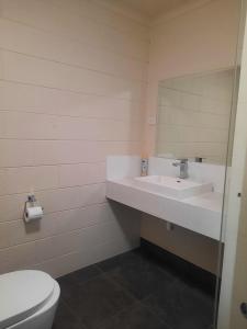 a bathroom with a sink and a toilet and a mirror at Neerim South Hotel in Neerim South