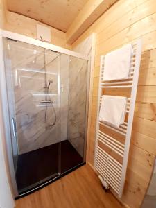 a bathroom with a shower in a wooden wall at Alpenchalets Nassfeld in Rattendorf