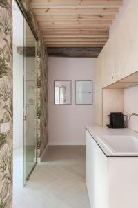 uma cozinha com um lavatório e uma parede de vidro em Urban Suite Santander em Santander