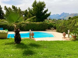 uma piscina num quintal com uma palmeira em Villa Flore em Casteldaccia