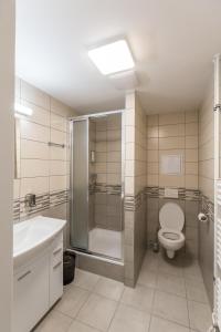 a bathroom with a toilet and a shower and a sink at Hotel Garni VŠB in Ostrava