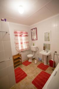 a bathroom with a toilet and a sink with red rugs at Sneezewood in Dullstroom