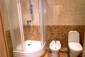 a white toilet sitting next to a shower in a bathroom at Zakarpatskiy Oazis in Karpaty
