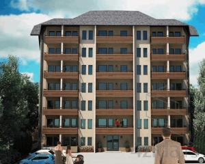 um grande edifício de apartamentos com pessoas de pé na frente dele em Per silvas apartman i spa em Zlatibor