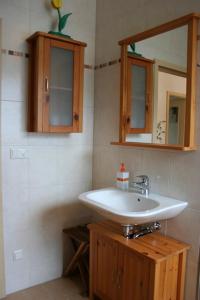 a bathroom with a sink and a mirror at Ferienhaus _ Sonnenschein in Gülden