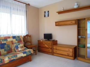 sala de estar con sofá, TV y silla en Apartamentos Alboran 4/6 LEK, en Peñíscola