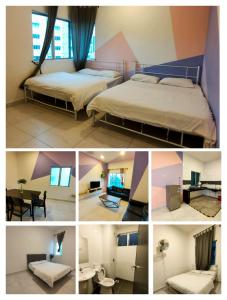 a collage of four pictures of a bedroom at Cameron Homestay in Tanah Rata
