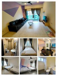 a collage of four pictures of a living room at Cameron Homestay in Tanah Rata