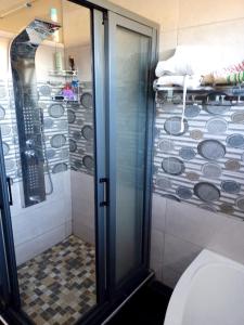a shower with a glass door in a bathroom at Enchanting Bungalow in Chemin Grenier with Jacuzzi and Garden in Chemin Grenier