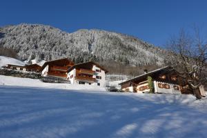 un groupe de bâtiments dans la neige devant une montagne dans l'établissement Ferienwohnung Tetiana, à Schruns