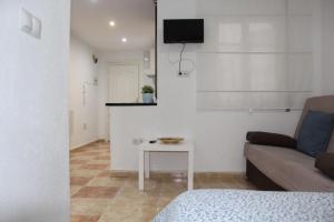 ein Wohnzimmer mit einem Sofa und einem Tisch in der Unterkunft Estudio Malagueño Centro 1ºA in Málaga