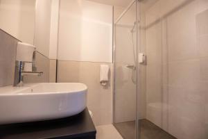 uma casa de banho com um lavatório e uma cabina de duche em vidro. em Font Andorra Hostel em La Massana