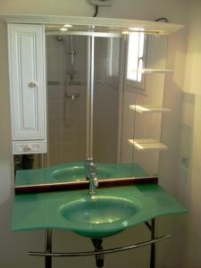 baño con lavabo verde y espejo en Proche mer appartement avec jardin,place parking., en Elne
