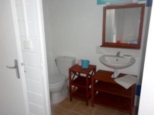 a bathroom with a toilet and a sink and a mirror at Maison charmante à Sainte-Rose avec piscine partagée in Sainte-Rose