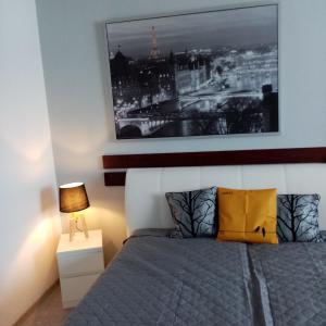 sypialnia z łóżkiem i zdjęciem na ścianie w obiekcie Apartmán BlueA w Igławie