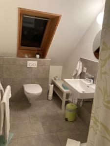 uma casa de banho com um WC e um lavatório em Ferienwohnung Burg Murten em Murten