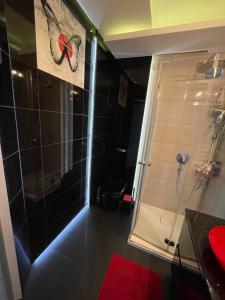 a bathroom with a shower with a glass door at LUXURY BLUE APARTMENT by Marta in Radom