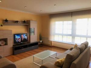 een woonkamer met een bank en een flatscreen-tv bij Casa Abeleira in Arzúa