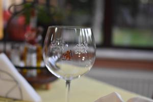 um copo de vinho sentado em cima de uma mesa em Хотел Сима em Beklemeto