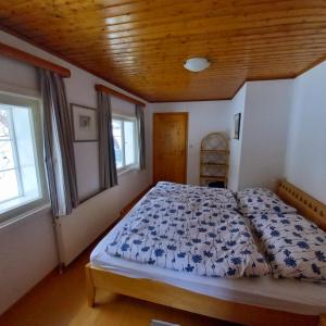 a bedroom with a bed and two windows at Haus Familie Säckl in Altaussee