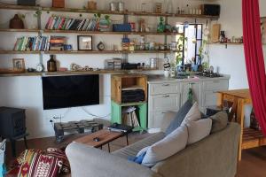 a living room with a couch and a tv in it at דירת סטודיו מעוצבת עם מרפסת גג גדולה in Rechovot