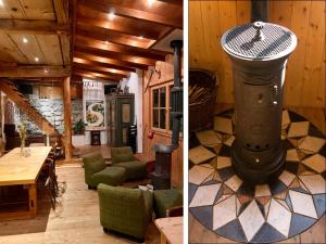 two pictures of a living room with a wood stove at Berglodge Ascharina in Sankt Antönien