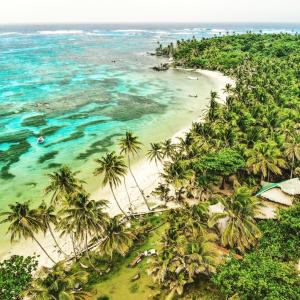 an aerial view of a beach with palm trees and the ocean at ENSUEÑOS NATURAL RESERVE Little Corn Island Nicaragua in Little Corn Island