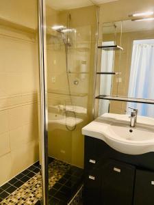 a bathroom with a sink and a shower at "Méditerranée" Salon vue mer au coeur de la ville 10m de la plage in Canet-en-Roussillon
