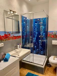 a bathroom with a shower and a sink at Die kleine Post in Schleiden