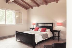 1 dormitorio con 1 cama grande con almohadas rojas en Casa Ruspiano en Vergato