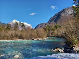 Blick auf einen Fluss mit Bergen im Hintergrund in der Unterkunft Guest house Vila Korošec in Bovec