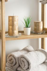 una estantería de madera con toallas y una planta en Superbe T2 COSY à 15mn de Paris, en Alfortville