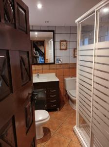 a bathroom with a toilet and a sink and a mirror at CASA SENERA in Santa Cruz de la Serós
