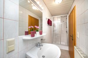 een badkamer met een wastafel, een toilet en een spiegel bij Laubichlhof in Flachau +46 foto's