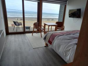 a bedroom with a bed and a view of the beach at CASA NEGRA SANTO DOMINGO in Santo Domingo