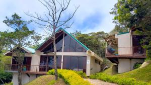ein Haus mit einem blauen Dach und Fenstern in der Unterkunft Green Forest Rustic Houses in Monteverde Costa Rica