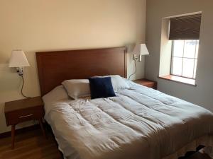 a large bed in a bedroom with two windows at Stylish ground level apartment close to everything in Rapid City