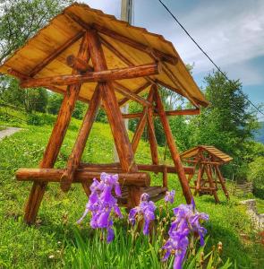 a wooden bird house in the grass with purple flowers at Pensiunea La Bunica in Rugineşti