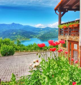 a house with a view of a lake and flowers at Pensiunea La Bunica in Rugineşti