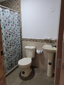 La salle de bains est pourvue de toilettes et d'un lavabo. dans l'établissement Departamentos La Estación del tren de dos habitaciones, à Riobamba