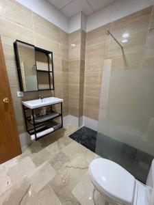 ein Badezimmer mit einem WC, einem Waschbecken und einem Spiegel in der Unterkunft Apartamento en Olula del Río in Olula del Río