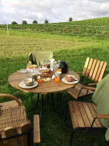 una mesa de picnic con comida en un campo en Glamping och Gårdslägenhet Mellan himmel och hav en Skivarp