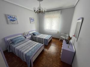 1 dormitorio con 2 camas y lámpara de araña en Apartamento en entorno natural, La biblioteca, en Figueredo